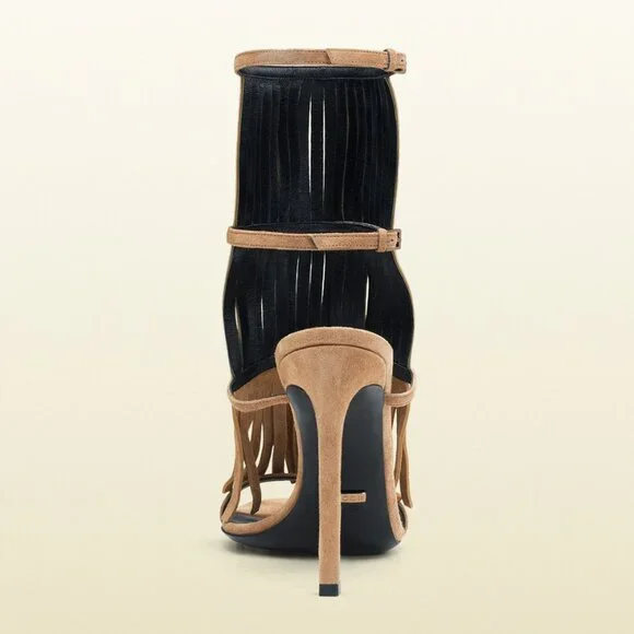 GUCCI SHOES BECKY BEIGE SUEDE FRINGED HIGH HEEL SANDAL sz 36.5 / 6.5 - Picture 6 of 9